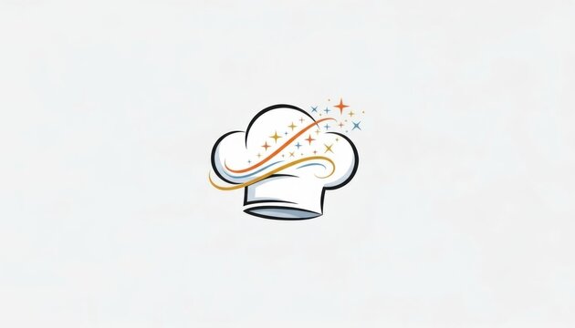 A stylized chef's hat with swirling sparks and colorful smoke on a white background
