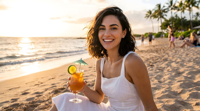 Smiling young woman relaxing with a tropical cocktail on the beach at sunset.