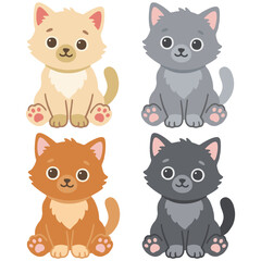 Fototapeta premium Cute cartoon fluffy cats illustration set, kawaii long hair sitting kittens collection grey cream white orange ginger vector pet asset transparent design isolated story book design maine digital print