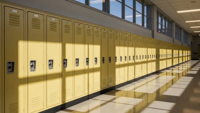 A long row of yellow school lockers with benches in front