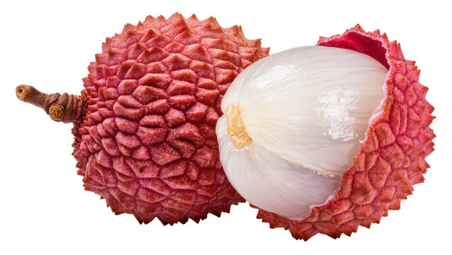Pink spiky lychee fruit with white flesh, isolated on transparent background