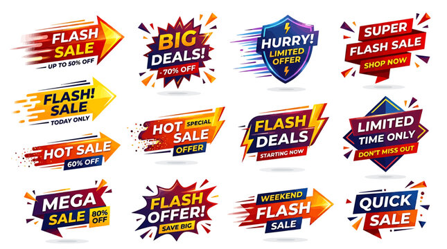 A collection of colorful sale stickers and labels on a white background with various promotional phrases.