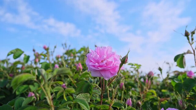 Close-up view of pink roses with soft petal texture and green background, creating a romantic, natural rose garden atmosphere and an elegant botanical detail for stock use. A clean visual scene.