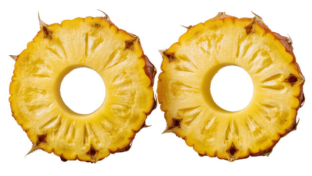 Two juicy pineapple slices with spiky brown edges, isolated on transparent background