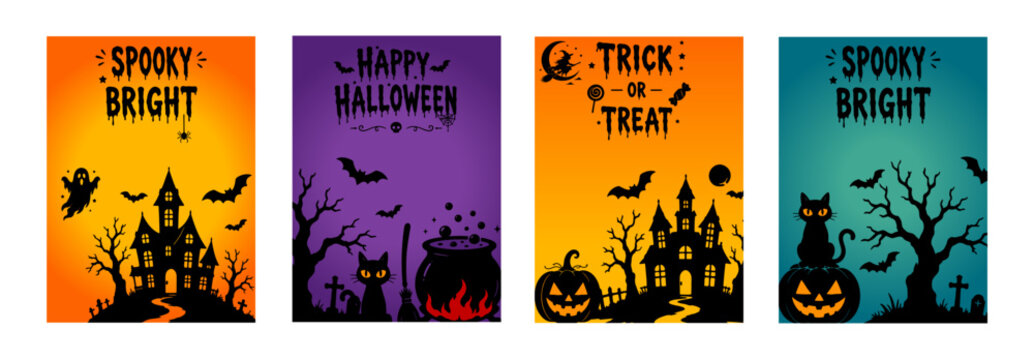 Happy Halloween party posters set, night graveyard, pumpkin lantern and witch castle. Vector illustration. Full moon, flying bats. Place for text. Brochure flyer template background