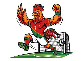 Naklejka premium Vibrant cartoon rooster playmaker shoots ball with enthusiasm on green soccer field with goal net behind