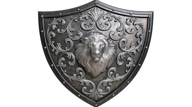 Ornate medieval shield with lion head relief and scrollwork