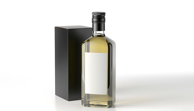 A bottle of white wine with a black box on a white surface