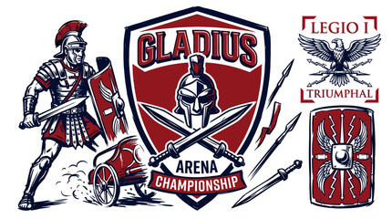 Roman gladiator arena championship. Centurion soldier vintage artwork. T shirt print design. © panji