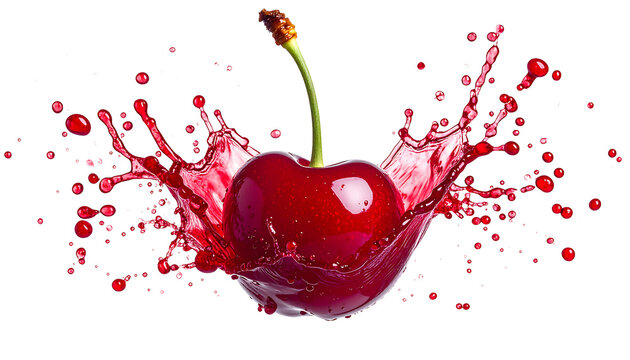 Fresh Ripe Red Cherry with a Dynamic Juice Splash Isolated on a