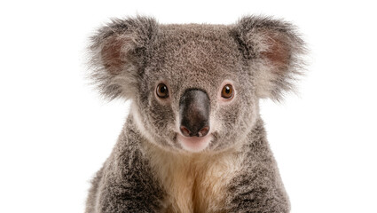 Fluffy grey koala face with large ears and dark nose, isolated on transparent background © Aliona