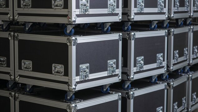 Stacked professional flight cases for transport of heavy stage equipment
