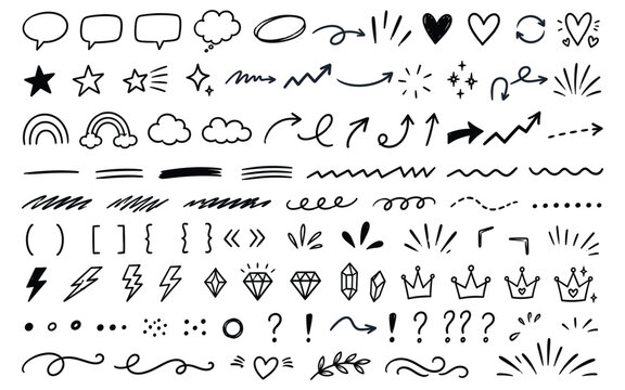 Hand Drawn Doodle Elements Collection. Containing speech bubbles, sketch arrows, hearts, stars, rainbows, scribbles, dividers, decorative symbols, graphic accents and more. Vector illustration.