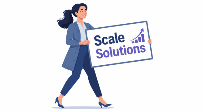 Confident businesswoman holding scale solutions sign.