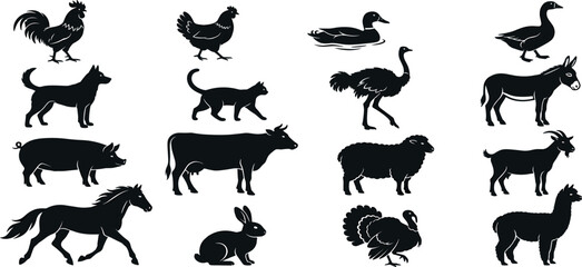 Obraz premium Domestic Farm Animals and Poultry Black Silhouette Vector Icon Set Featuring Ostrich Alpaca Cows Horses and Pets for Agriculture Graphic Designs