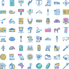 Obraz premium Large colorful scribble doodle icon collection showing diverse hand drawn symbols and sketches for web, app, business, education, travel, food, health, tech and creative concepts