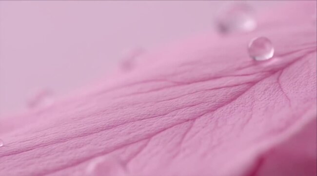 Nature water drop macro leaf pink background soft focus minimal texture pink petal and feather water droplet close up with delicate surface, gentle calm freshness, botanical pastel floral abstract