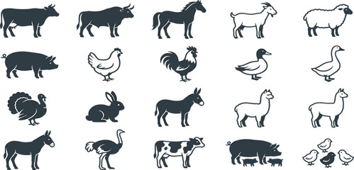 Obraz premium Farm Animal Textured Silhouette and Line Art Icon Set with Cows Horses Pigs Poultry Alpaca and Ostrich for Rural Agriculture Graphic Designs
