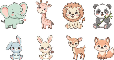 Cute cartoon baby wild forest safari animals vector character set elephant giraffe lion panda rabbits deer fox for kids nursery print © MDNazmul