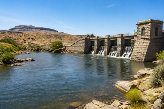 A low dam with small waterfalls spans a wide, calm river in an arid, hilly landscape under a clear blue sky.