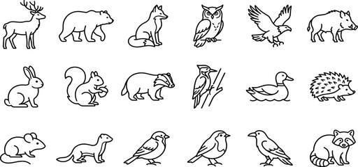 Obraz premium Forest Animals and Woodland Wildlife Line Icon Set with Deer Bear Fox Owl Eagle Boar Rabbit Squirrel and Hedgehog Symbols for Nature Designs