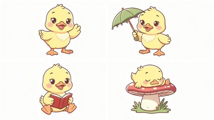 Fototapeta premium Adorable baby duckling character set with various poses including waving, holding umbrella, reading book, and sleeping on mushroom, perfect for children's designs and educational materials.