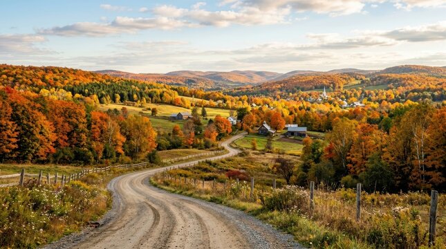 Scenic Autumn Landscape with Winding Dirt Road and Colorful Foliage in Rolling Countryside.