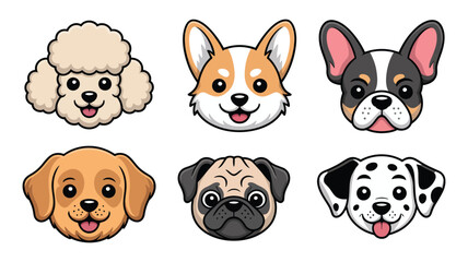 Obraz premium Dog cartoon face set featuring six different puppy breeds, cute vector illustration