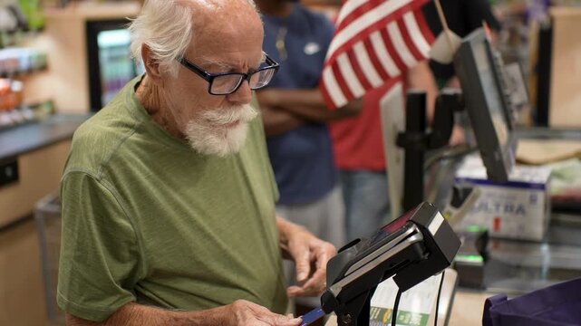 A happy elderly man stands at the checkout in a grocery store using a credit card to pay for his items while smiling.