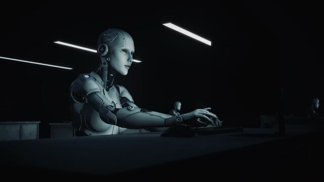 Female Robot Typing on Keyboard in Dark Room with Fluorescent Lights