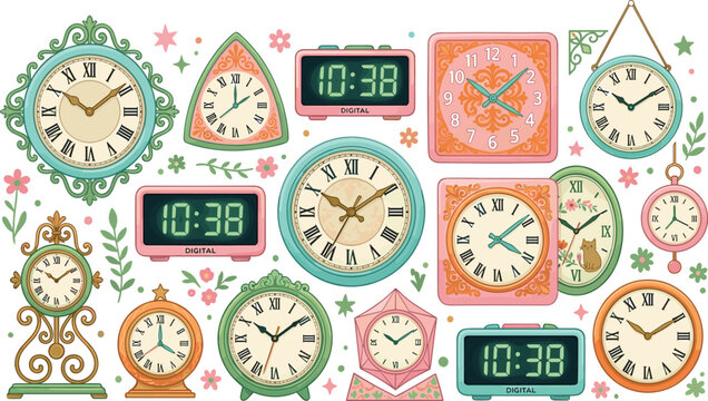 Vintage clock and watch vector illustration featuring analog Roman numeral designs, digital time displays, pendulum clocks, and floral accents