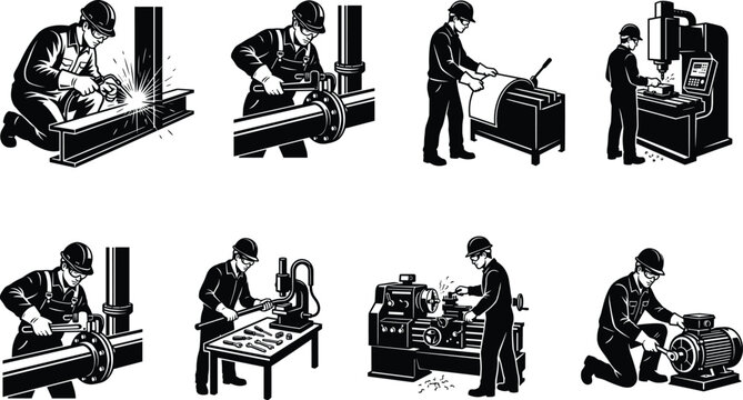 Industrial workers performing welding, machining, pipe fitting, blueprint drafting, and mechanical maintenance tasks
