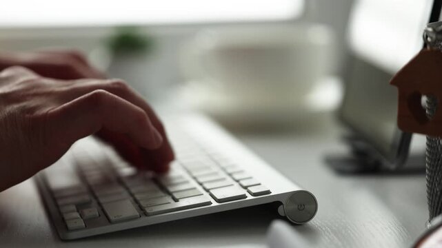 Businessman Working On Computer With Keyboard And Tablet, Modern Office Workflow