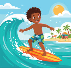 Vector cartoon boy surfing on big ocean wave with surfboard against tropical beach island background for summer holiday design © Sojol