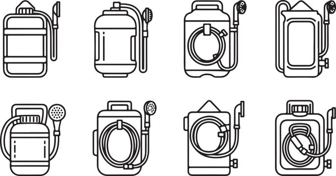 Set of eight different backpack sprayers for gardening and pest control Vector
