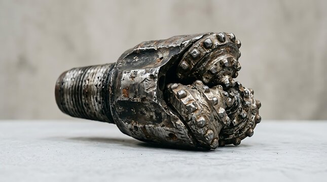 Close-up studio shot of a robust, metallic drill bit with multiple cutting edges, designed for drilling into hard surfaces
