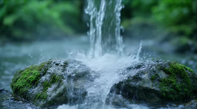Freshwater waterfall stream cascade flowing over mossy rock with bright splash, lush green forest nature closeup, clear water pouring on moss creating calm outdoor mood, soft focus background