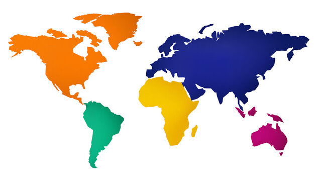 Colorful world map continents North America orange South America green Africa yellow Eurasia blue, Australia pink