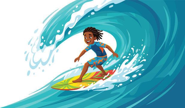 Vector cartoon boy with dreadlocks surfing on giant ocean wave with surfboard for summer sports leisure marketing poster design