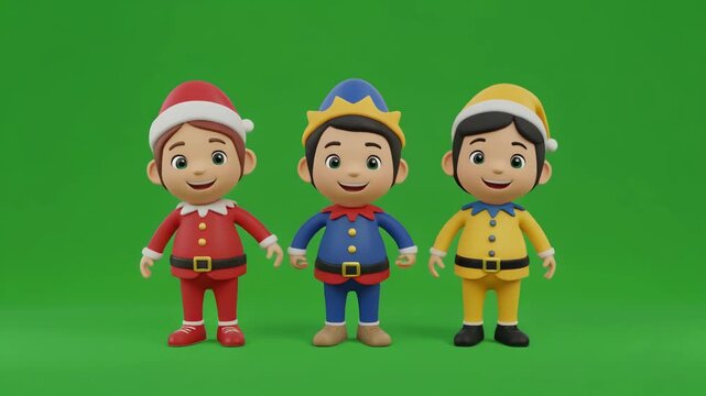 Animated elves in Christmas hats moving in unison across a green screen background during holiday celebrations