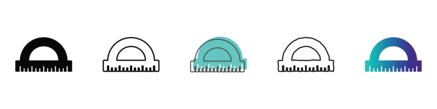 A collection of five distinct protractor icons, each with a unique style and color palette, representing measurement tools