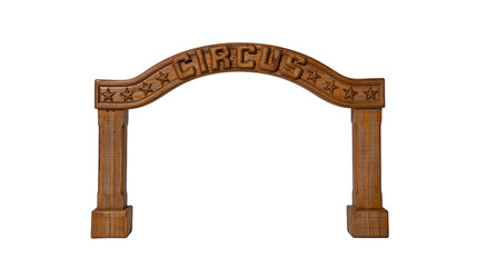 Wooden circus archway with carved stars and text © Aino