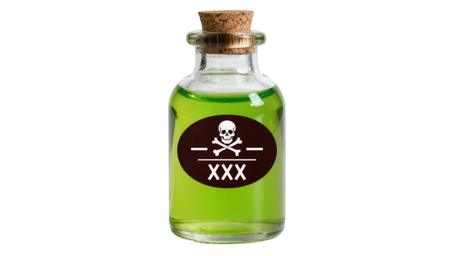 Glass bottle with green liquid and skull and crossbones warning label