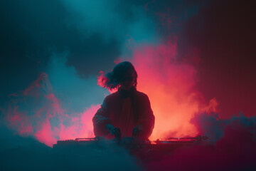 Obraz premium mysterious dj silhouette with neon light structures, anonymous electronic music performer in glowing cyberpunk atmosphere, futuristic nightclub dj standing before massive cyan and magenta neon lights