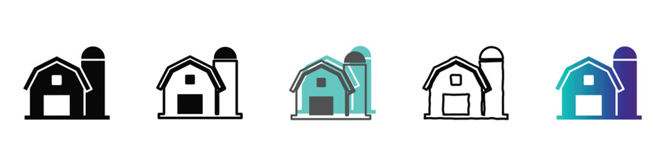 Collection of stylized barn and silo icons representing rural agriculture and farming concepts © Vova7