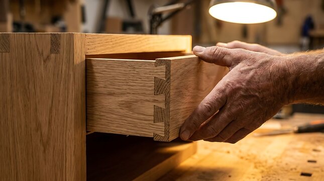 Skilled hands assembling custom dovetail joint drawer in woodworking shop with dovetail carpentry woodworking furniture craftsman