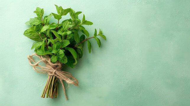 Fresh green broccoli with brown wooden stem on light green background