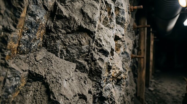 Detailed Texture of a Rough Rock Wall inside an Underground Mine Tunnel with Wooden Supports
