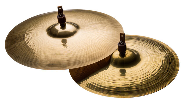 Two brass cymbals with wooden mounts, isolated on transparent background