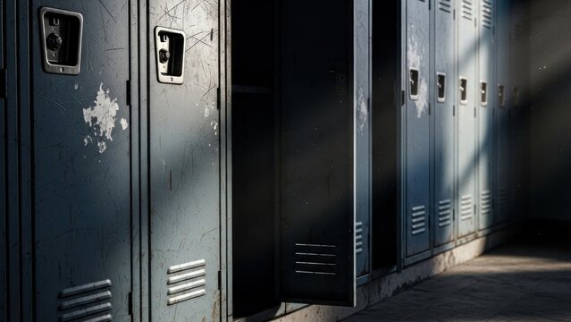 A row of worn metal lockers with one door open